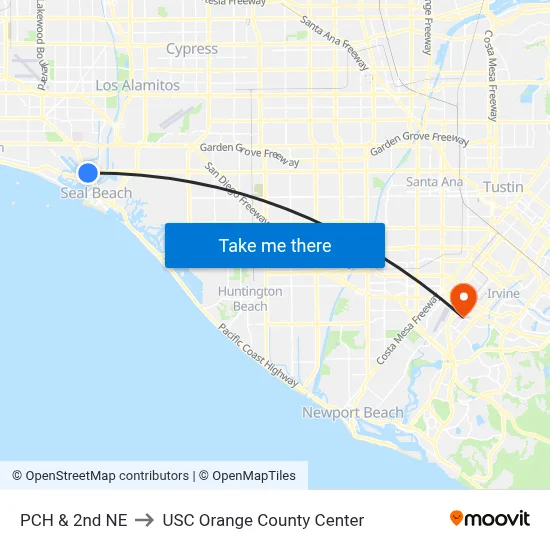 PCH & 2nd NE to USC Orange County Center map