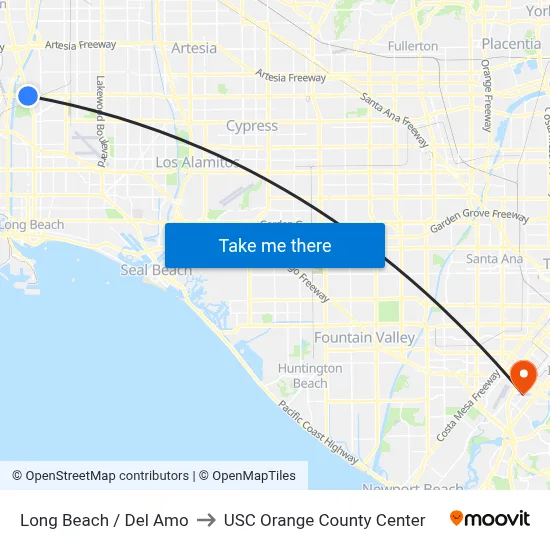 Long Beach / Del Amo to USC Orange County Center map