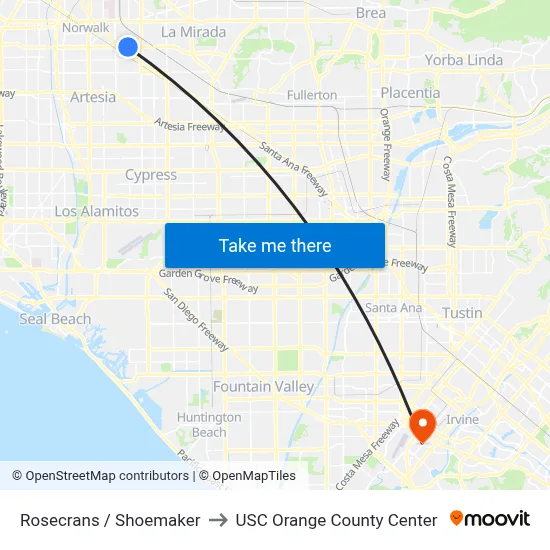 Rosecrans / Shoemaker to USC Orange County Center map