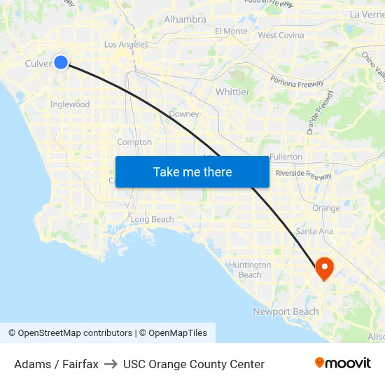 Adams / Fairfax to USC Orange County Center map