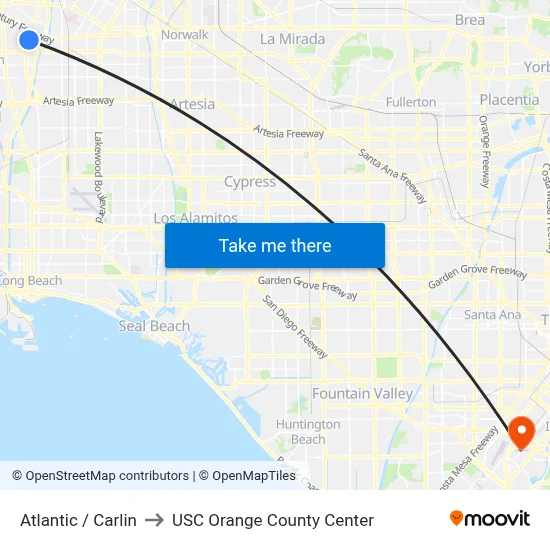 Atlantic / Carlin to USC Orange County Center map