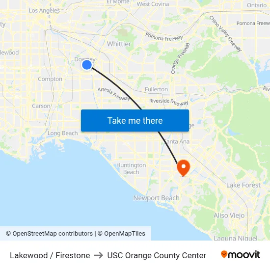Lakewood / Firestone to USC Orange County Center map