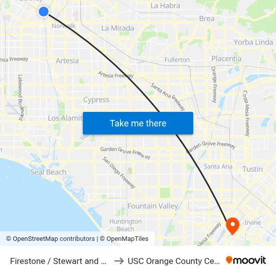 Firestone / Stewart and Gray to USC Orange County Center map