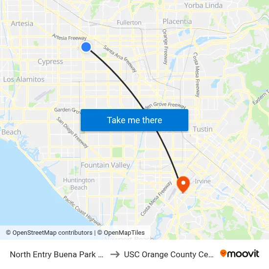 North Entry Buena Park Mall to USC Orange County Center map