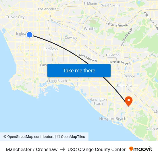 Manchester / Crenshaw to USC Orange County Center map