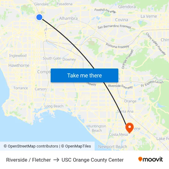 Riverside / Fletcher to USC Orange County Center map