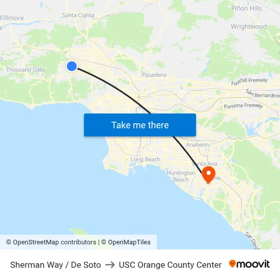 Sherman Way / De Soto to USC Orange County Center map