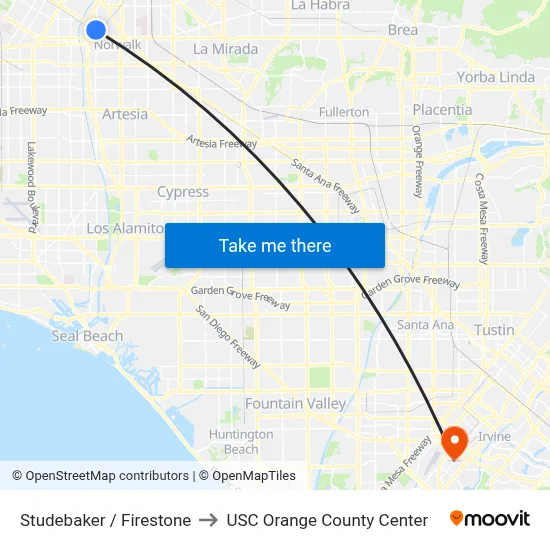Studebaker / Firestone to USC Orange County Center map