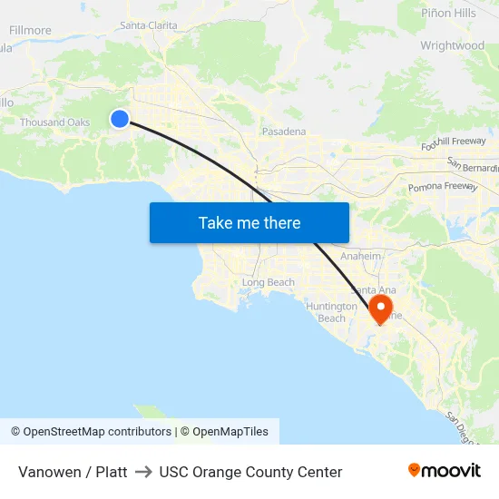 Vanowen / Platt to USC Orange County Center map