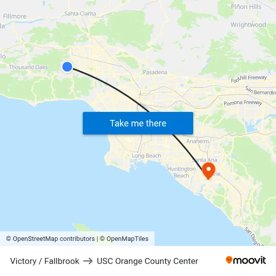 Victory / Fallbrook to USC Orange County Center map