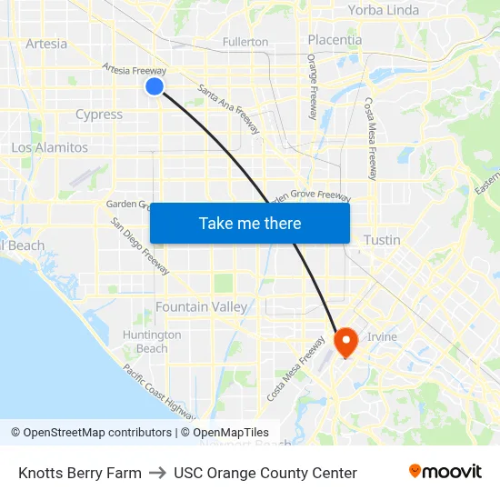 Knotts Berry Farm to USC Orange County Center map