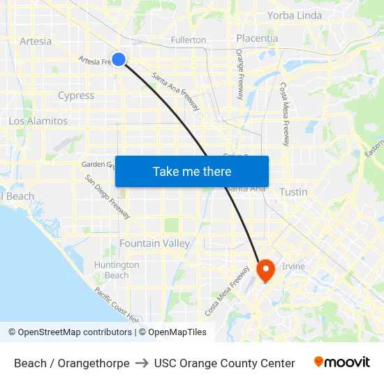 Beach / Orangethorpe to USC Orange County Center map