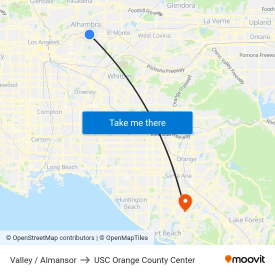 Valley / Almansor to USC Orange County Center map
