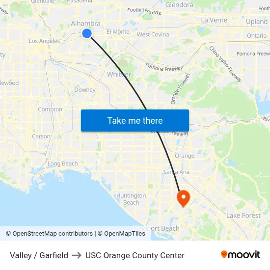 Valley / Garfield to USC Orange County Center map