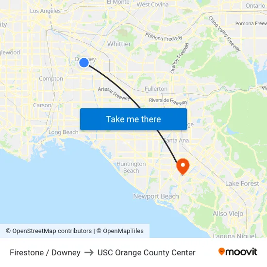 Firestone / Downey to USC Orange County Center map