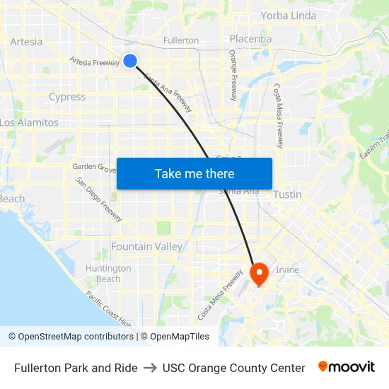 Fullerton Park and Ride to USC Orange County Center map