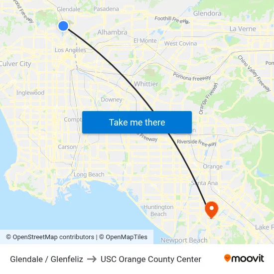 Glendale / Glenfeliz to USC Orange County Center map