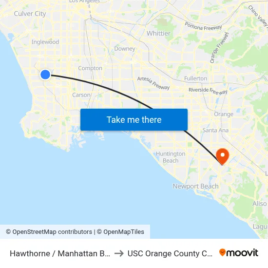 Hawthorne / Manhattan Beach to USC Orange County Center map