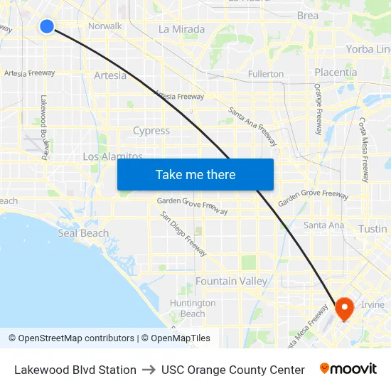 Lakewood Blvd Station to USC Orange County Center map