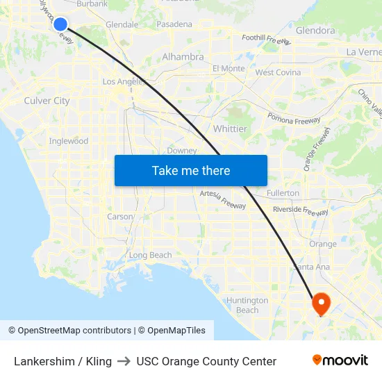 Lankershim / Kling to USC Orange County Center map