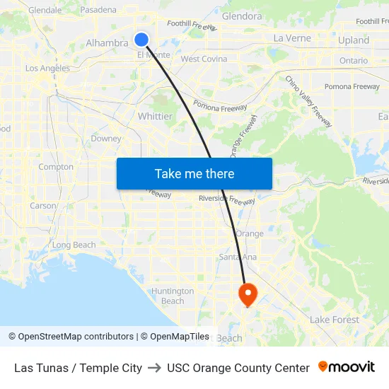 Las Tunas / Temple City to USC Orange County Center map