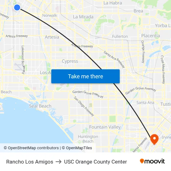 Rancho Los Amigos to USC Orange County Center map