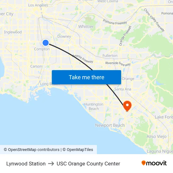 Lynwood Station to USC Orange County Center map