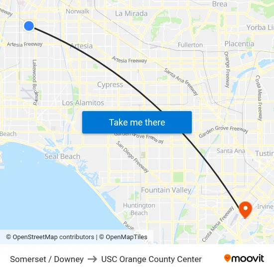 Somerset / Downey to USC Orange County Center map