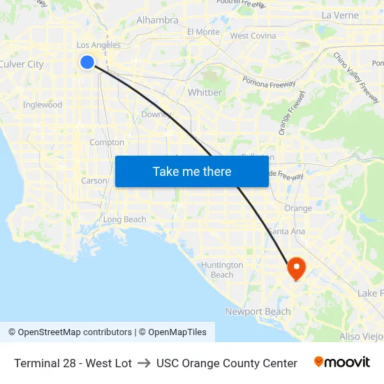 Terminal 28 - West Lot to USC Orange County Center map