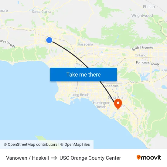 Vanowen / Haskell to USC Orange County Center map