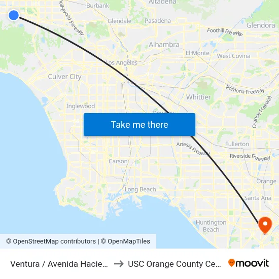 Ventura / Avenida Hacienda to USC Orange County Center map