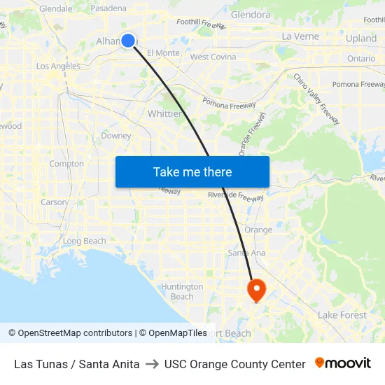 Las Tunas / Santa Anita to USC Orange County Center map