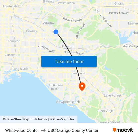 Whittwood Center to USC Orange County Center map