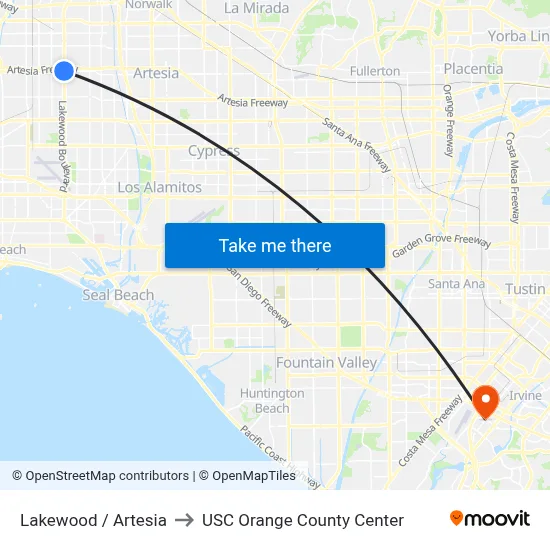 Lakewood / Artesia to USC Orange County Center map