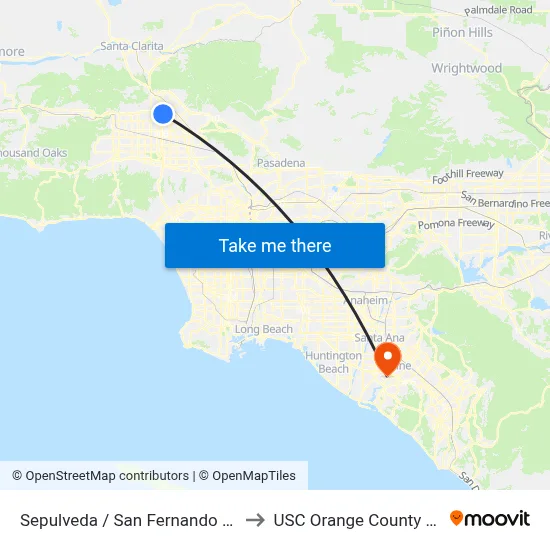 Sepulveda / San Fernando Mission to USC Orange County Center map