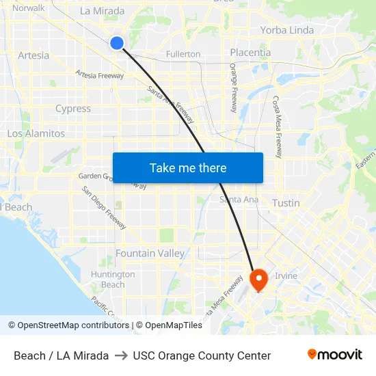 Beach / La Mirada to USC Orange County Center map