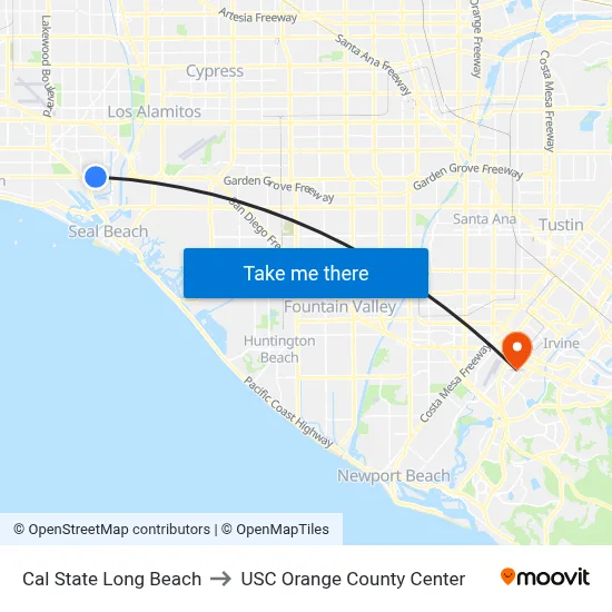 Cal State Long Beach to USC Orange County Center map
