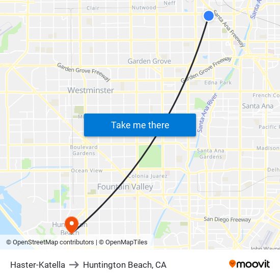 Haster-Katella to Huntington Beach, CA map