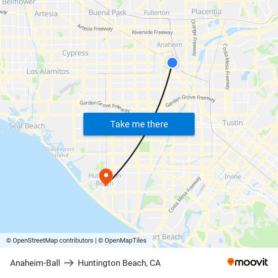 Anaheim-Ball to Huntington Beach, CA map