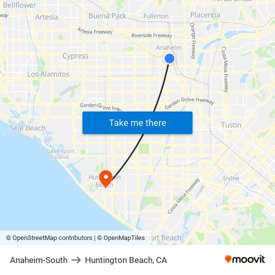Anaheim-South to Huntington Beach, CA map