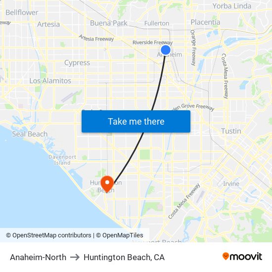 Anaheim-North to Huntington Beach, CA map