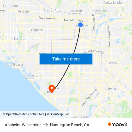Anaheim-Wilhelmina to Huntington Beach, CA map