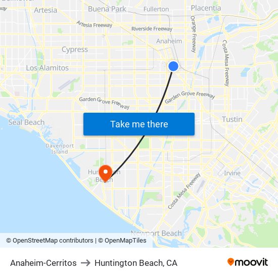 Anaheim-Cerritos to Huntington Beach, CA map