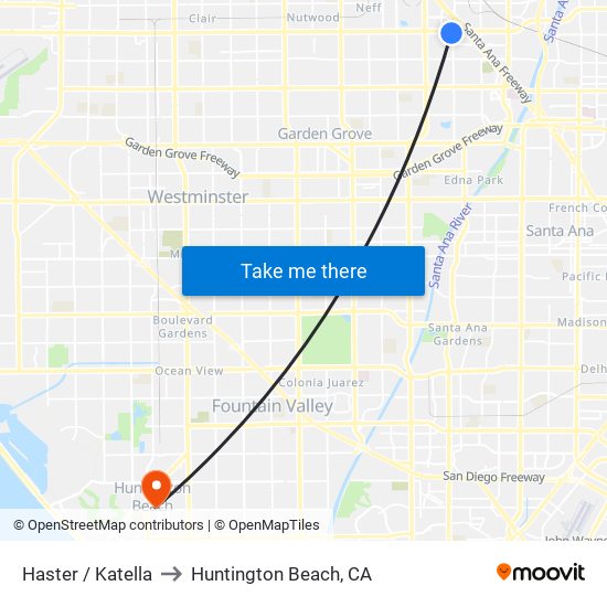 Haster / Katella to Huntington Beach, CA map