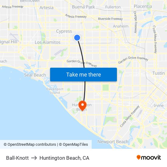 Ball-Knott to Huntington Beach, CA map