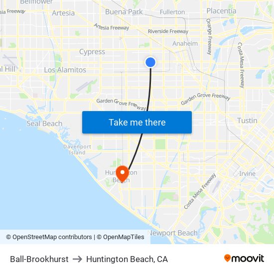 Ball-Brookhurst to Huntington Beach, CA map