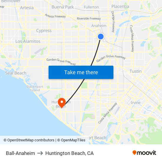 Ball-Anaheim to Huntington Beach, CA map