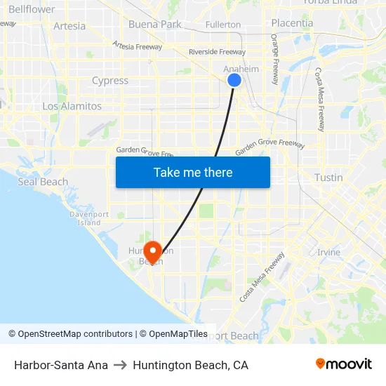 Harbor-Santa Ana to Huntington Beach, CA map