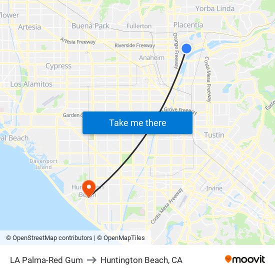 LA Palma-Red Gum to Huntington Beach, CA map