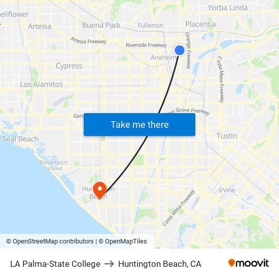 LA Palma-State College to Huntington Beach, CA map